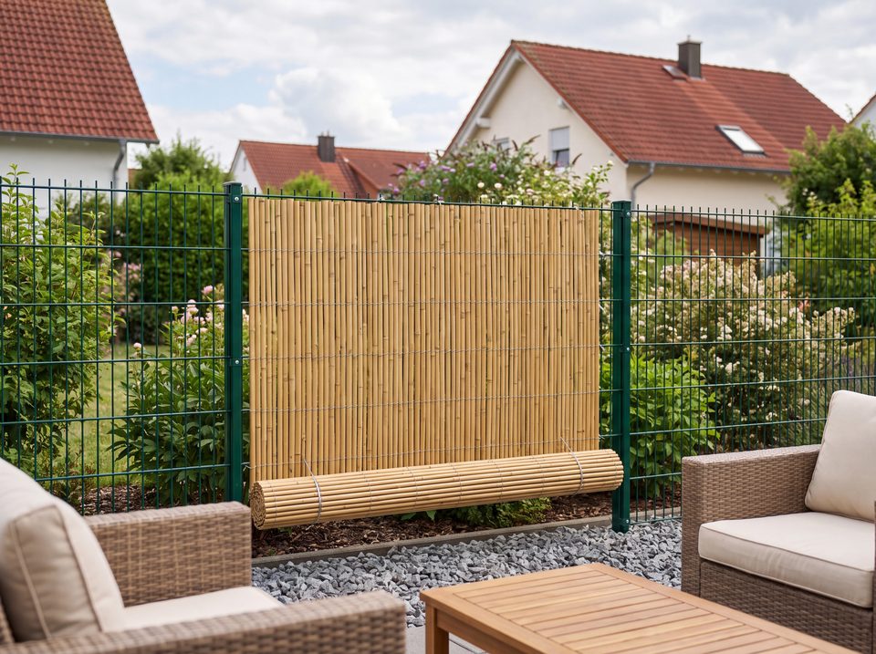 Bambusmatte mit Draht am Doppelstabmattenzaun befestigt, die Unterkante endet oberhalb eines Kiesstreifens