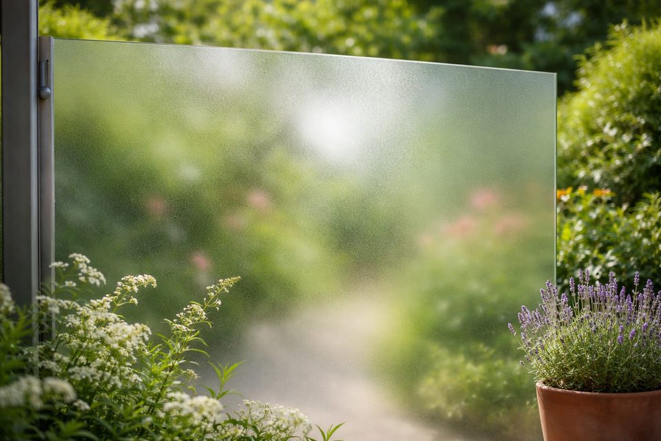 Nahaufnahme einer satinierten Glasscheibe, dahinter sind Sträucher nur noch als Farbflächen erkennbar