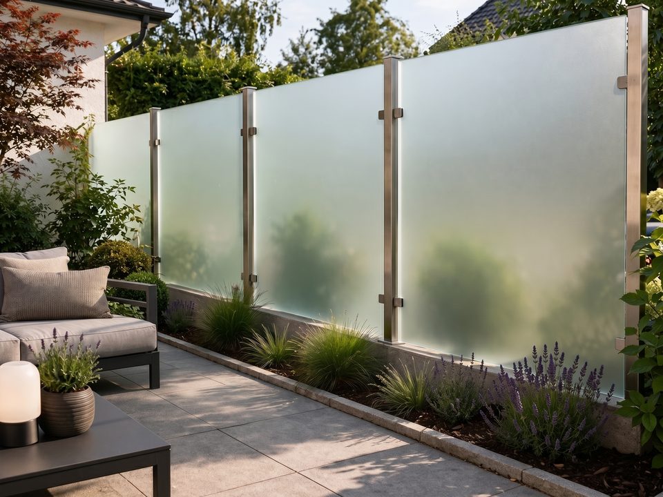 Reihe satinierter Glaselemente entlang einer Terrasse, gehalten von schlanken Edelstahlpfosten