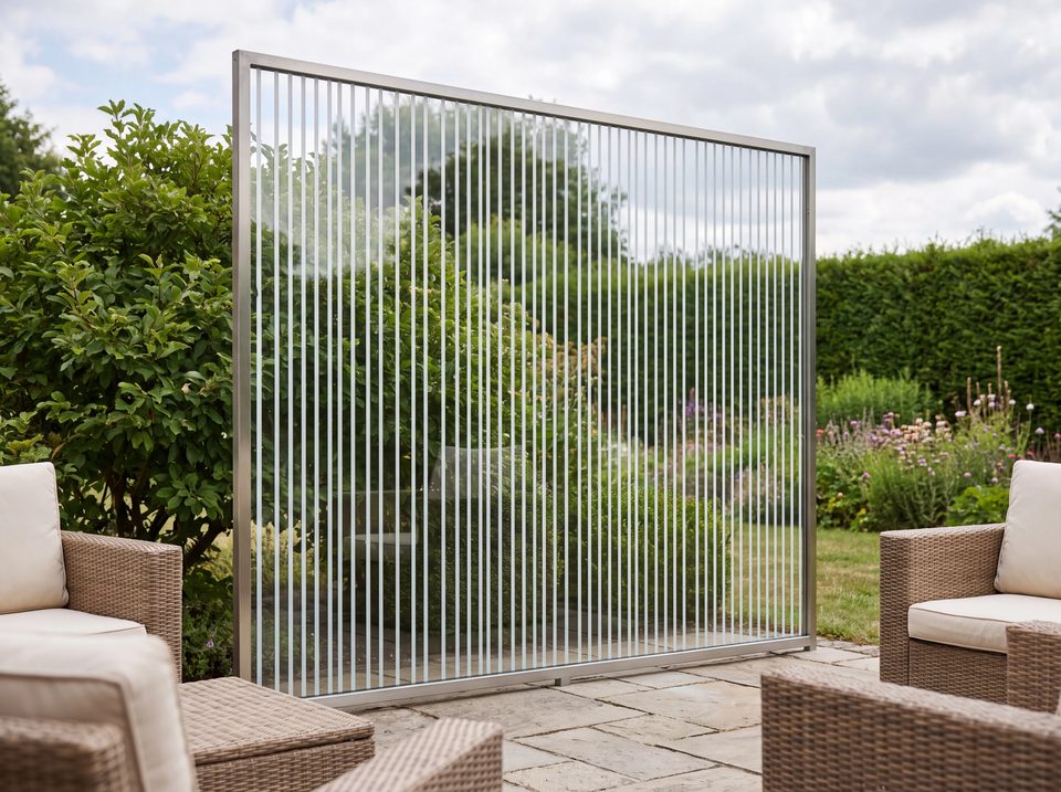 Glaswand im Metallrahmen mit senkrechten weißen Streifen über die gesamte Fläche, dahinter eine Hecke
