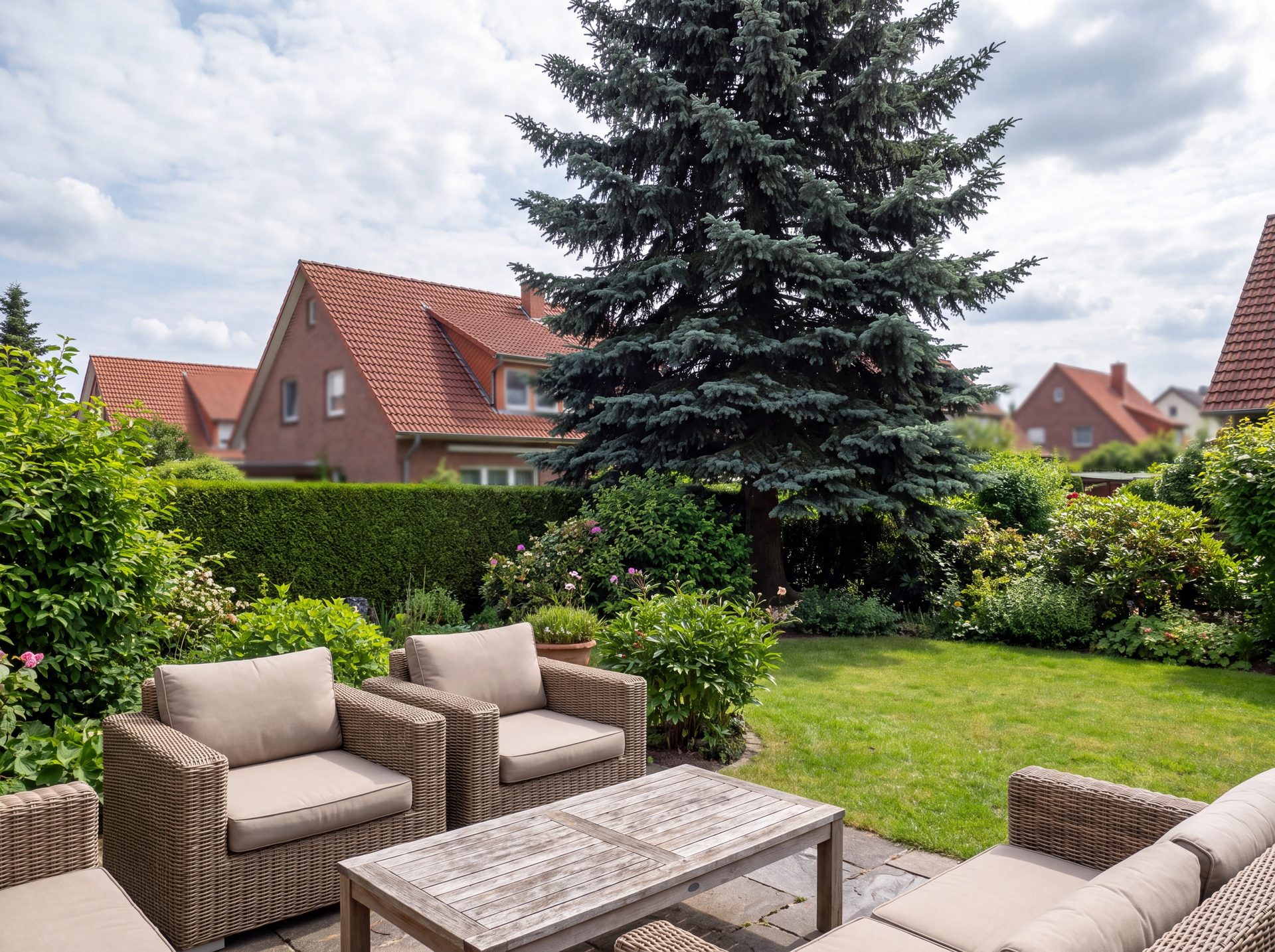 Hohe Weiß-Tanne, die das Nachbarhaus überragt; den Sichtschutz auf Augenhöhe leistet die Hecke davor