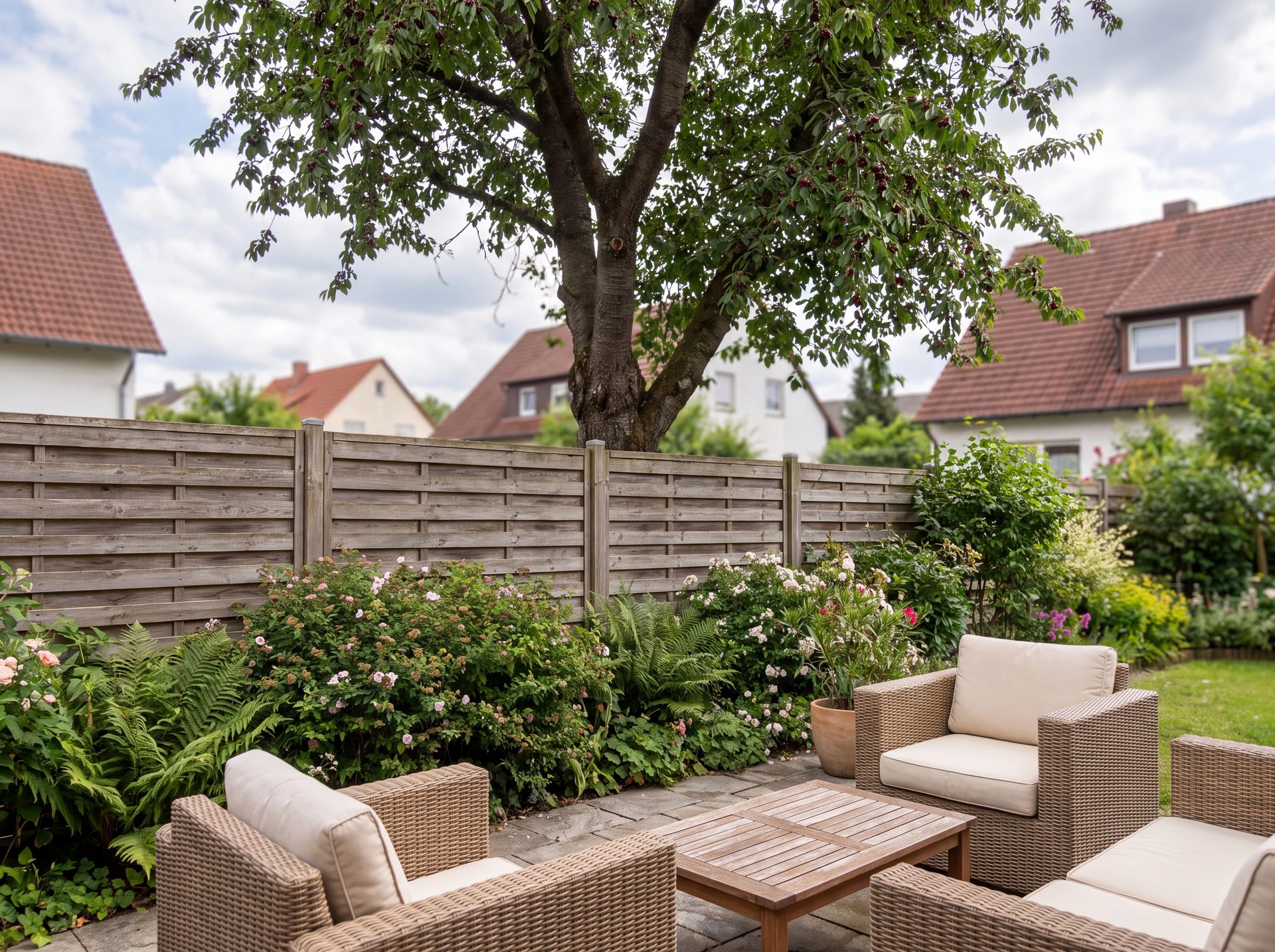 Kirschbaum mit hoch ansetzender Krone über einem Holzzaun — abgeschirmt wird der Garten vom Zaun, nicht vom Baum