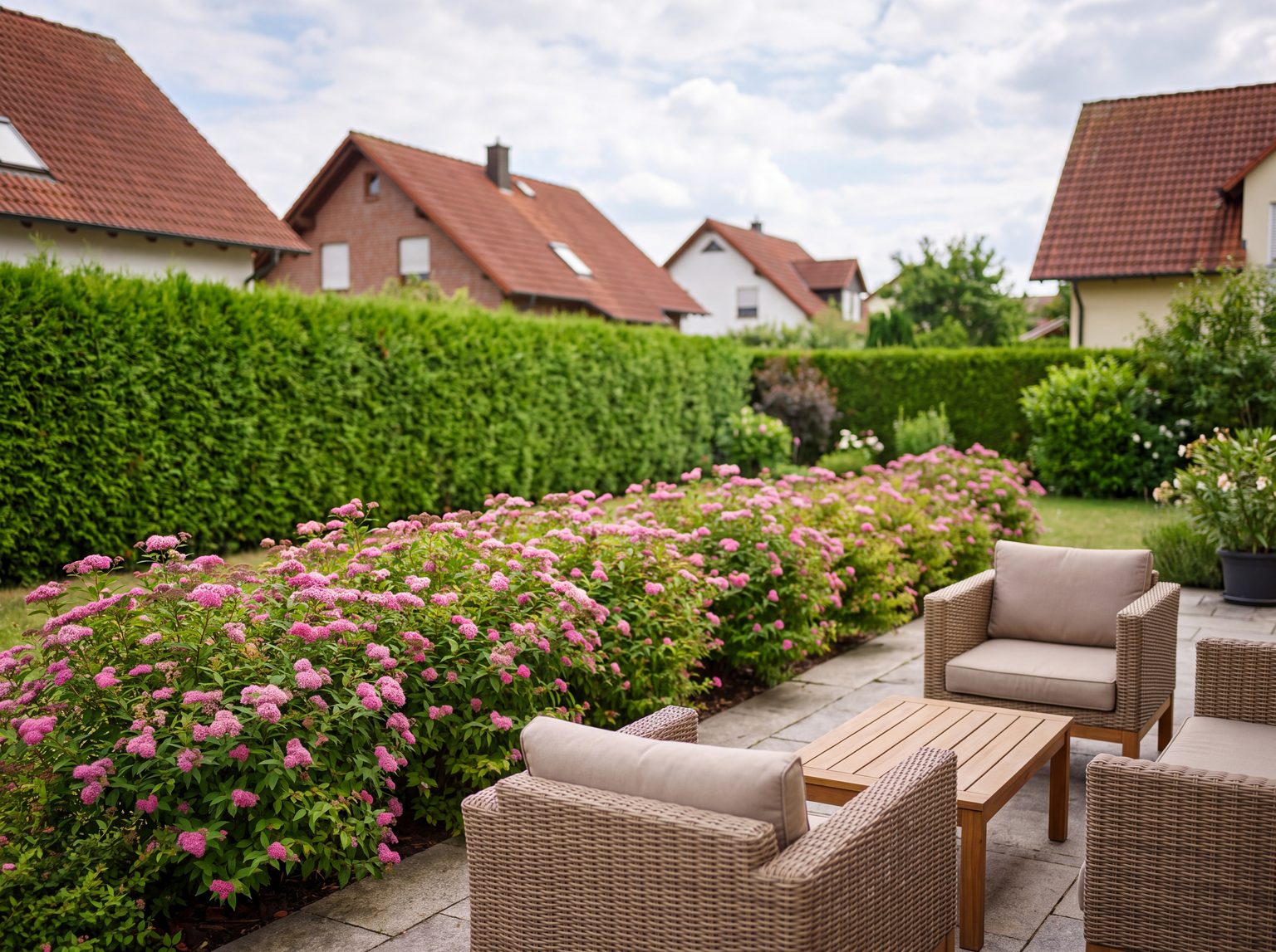 Niedriger Japanischer Spierstrauch mit rosa Blüten vor einer deutlich höheren geschnittenen Hecke