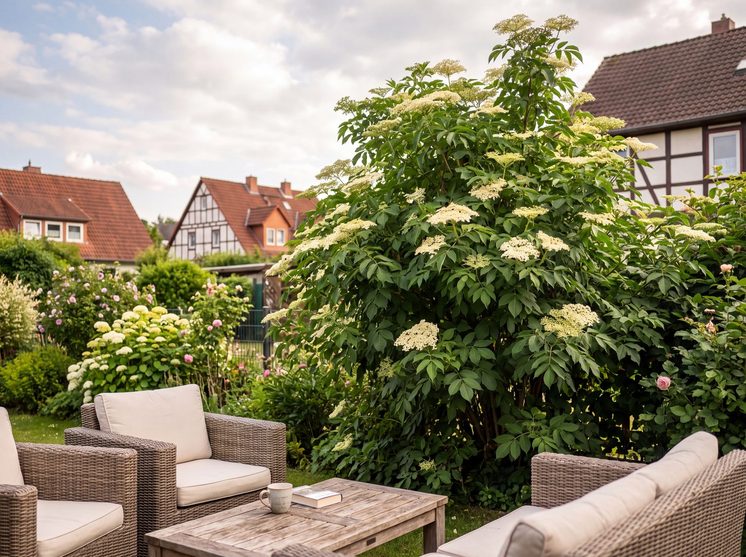 Hoher Schwarzer Holunder mit weißen Schirmrispen und gefiederten Blättern am Gartenrand