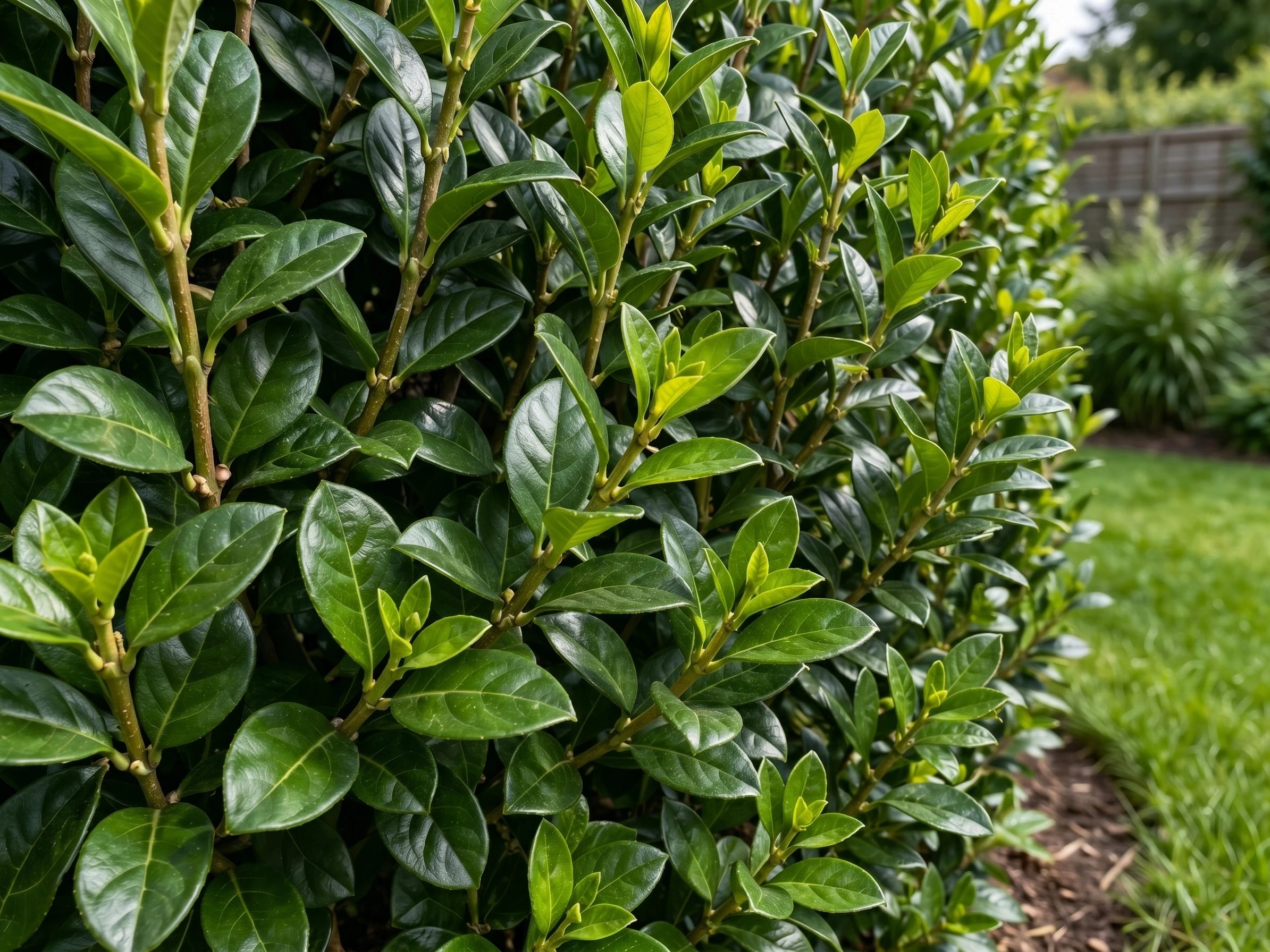 Dicht stehende, glänzende Ligusterblätter einer geschnittenen Hecke