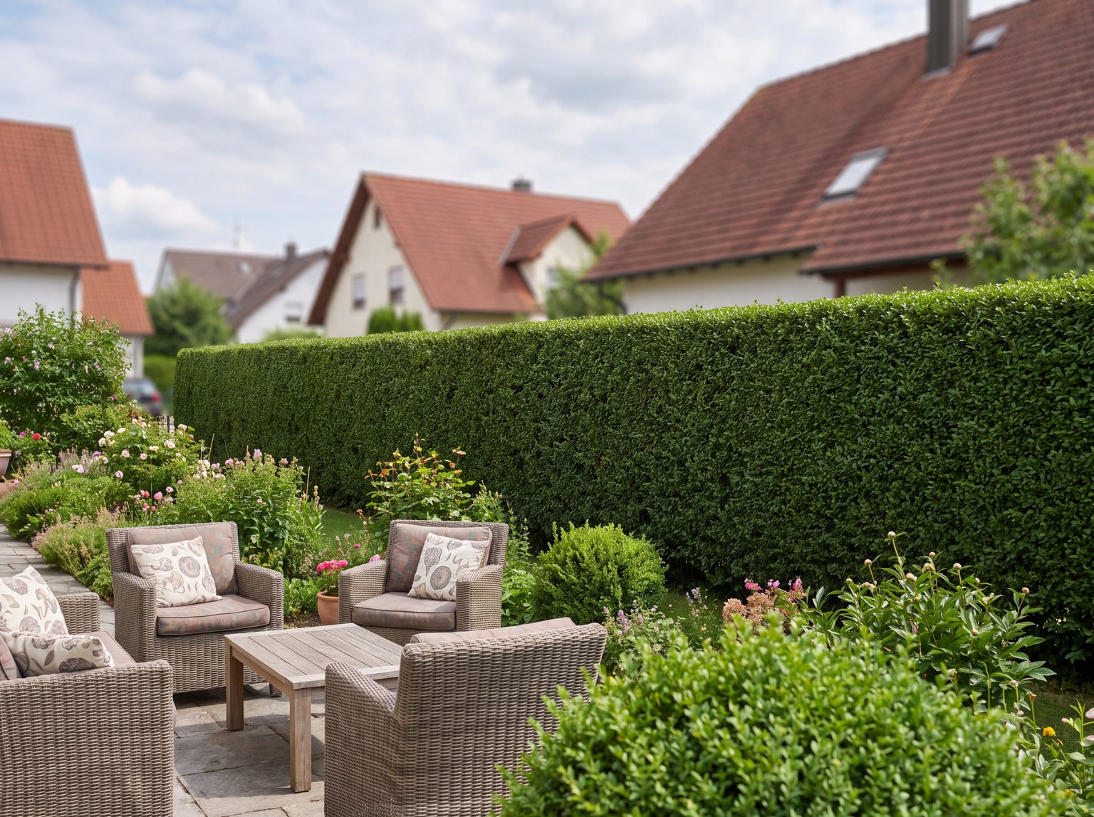Streng geschnittene Ligusterhecke mit kleinen ovalen Blättern und flachem Abschluss
