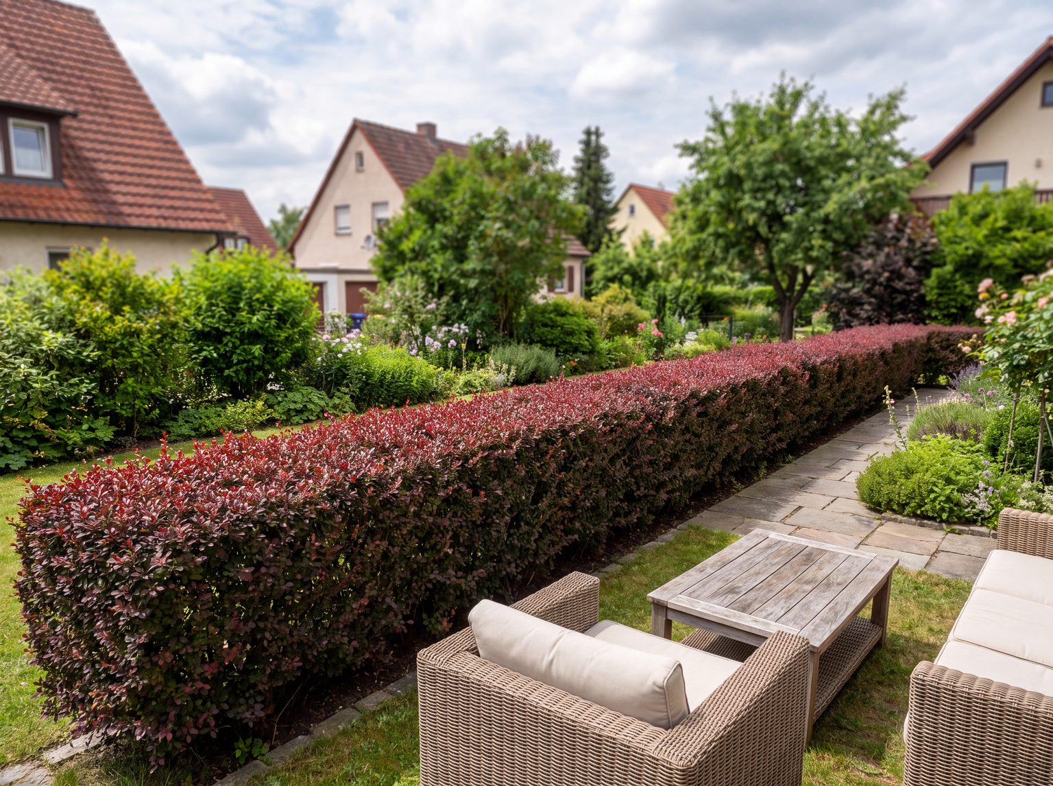Niedrige, dichte Heckenberberitze mit rotlaubigem Austrieb als Abgrenzung entlang eines Gartenwegs