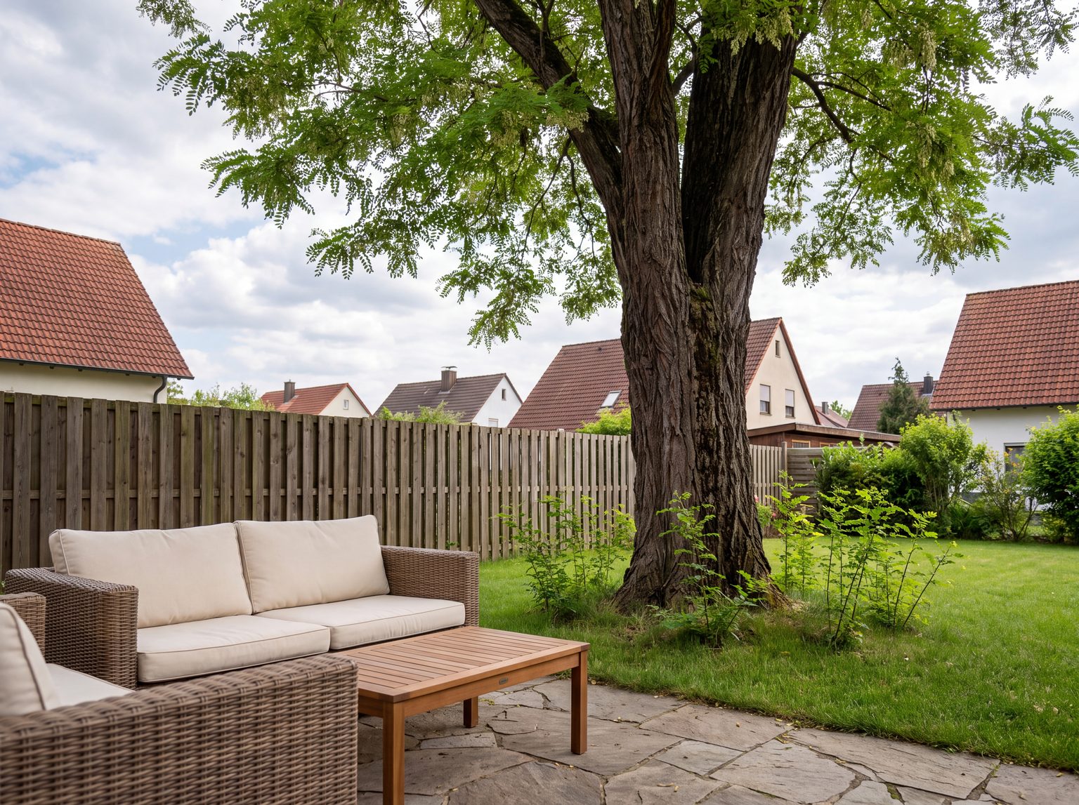 Ausgewachsene Robinie mit gefiedertem Laub, die den Gartenzaun an der Grundstücksgrenze weit überragt