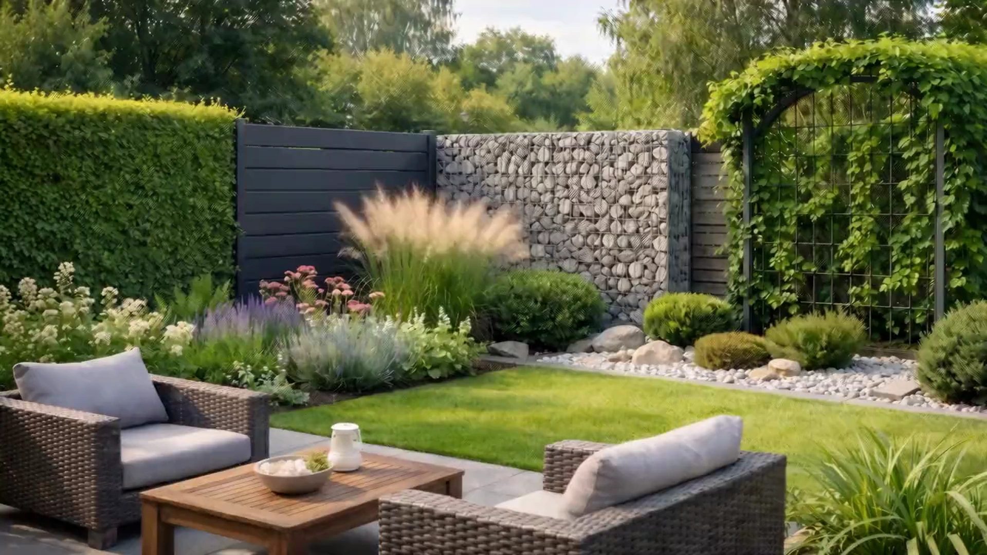 Gartenszene mit vier Sichtschutzarten nebeneinander: geschnittene Hecke, anthrazitfarbener Sichtschutzzaun, Gabionenwand und beranktes Rankgitter, davor ein Staudenbeet mit Ziergräsern und eine Sitzgruppe