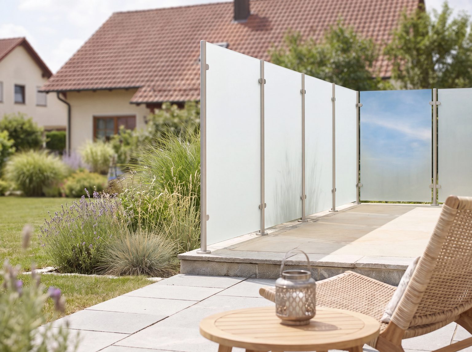 Satinierte Glaswände in Edelstahlhaltern am Rand einer erhöhten Terrasse, davor ein Korbsessel und ein Holztisch